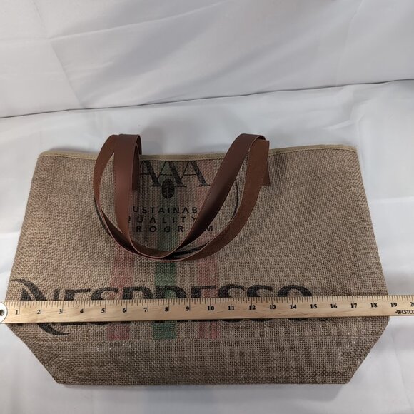 Nespresso Tote Bag Jute Burlap Beige Brown Faux Leather Shoulder 19x14" Coffee - Picture 14 of 14